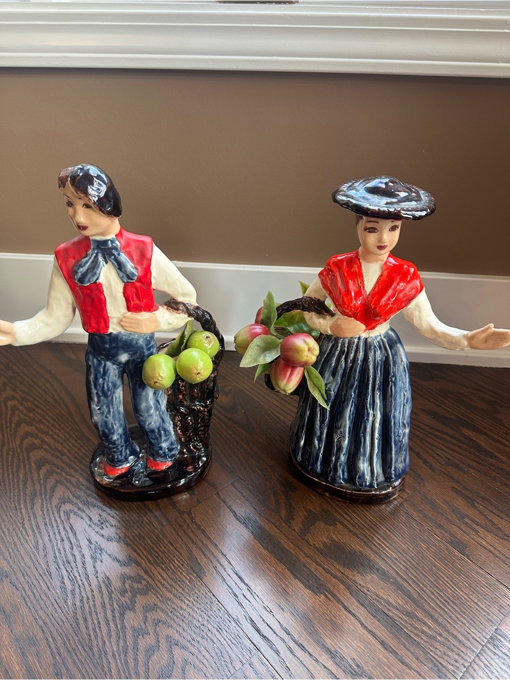 Vintage Hand-Painted Ceramic Fruit Vendor Couple Figurines